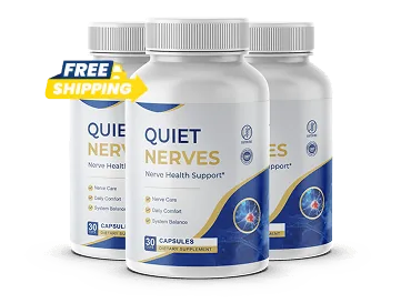 A three-bottle package of Quiet Nerves nerve health support capsules
